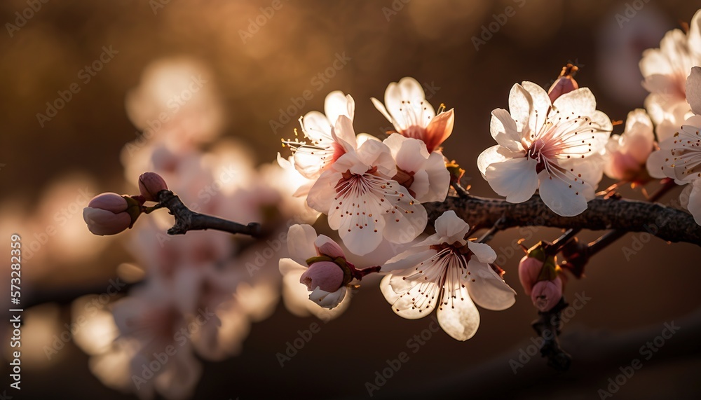 Close up of sakura flowers branch on a sunny day. Cherry blossom flowers. Generative AI