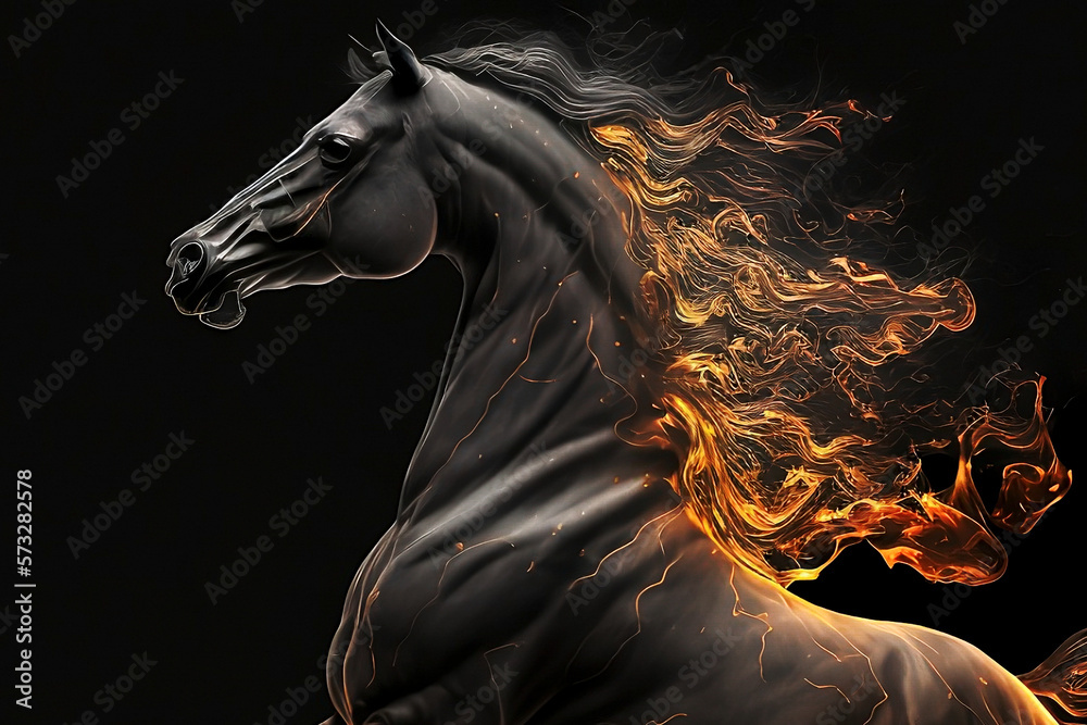 Fiery stallion rearing up against black background.