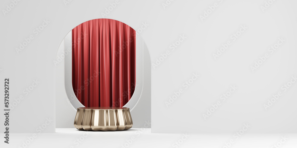 3D rendering gold platform podium with red curtain product presentation background