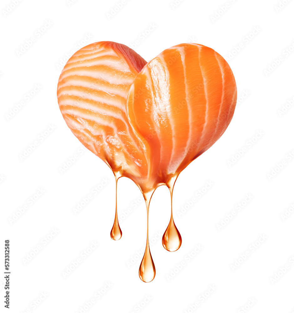 Drops of oil dripping from salmon fillet in the shape of a heart isolated on a white background