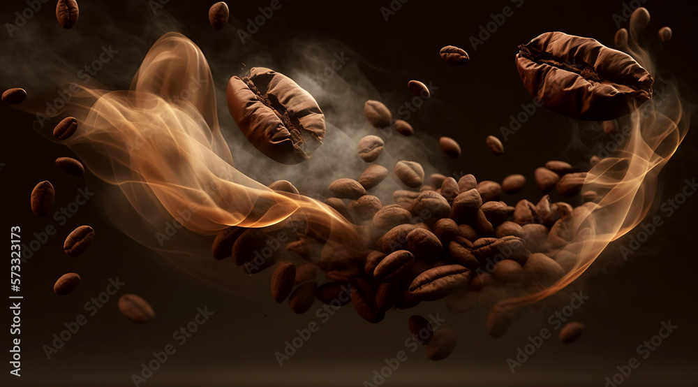 Roasted coffee beans. Brown smoke of coffee aroma. Generative AI