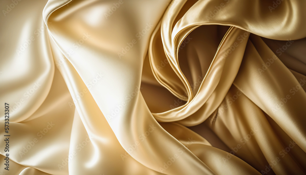 Elegant smooth golden silk. Warped silk cloth. Generative AI