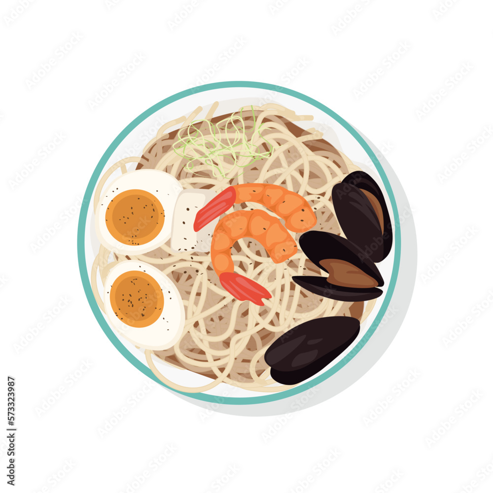 Tasty Chinese dish with noodles, eggs and seafood on white background