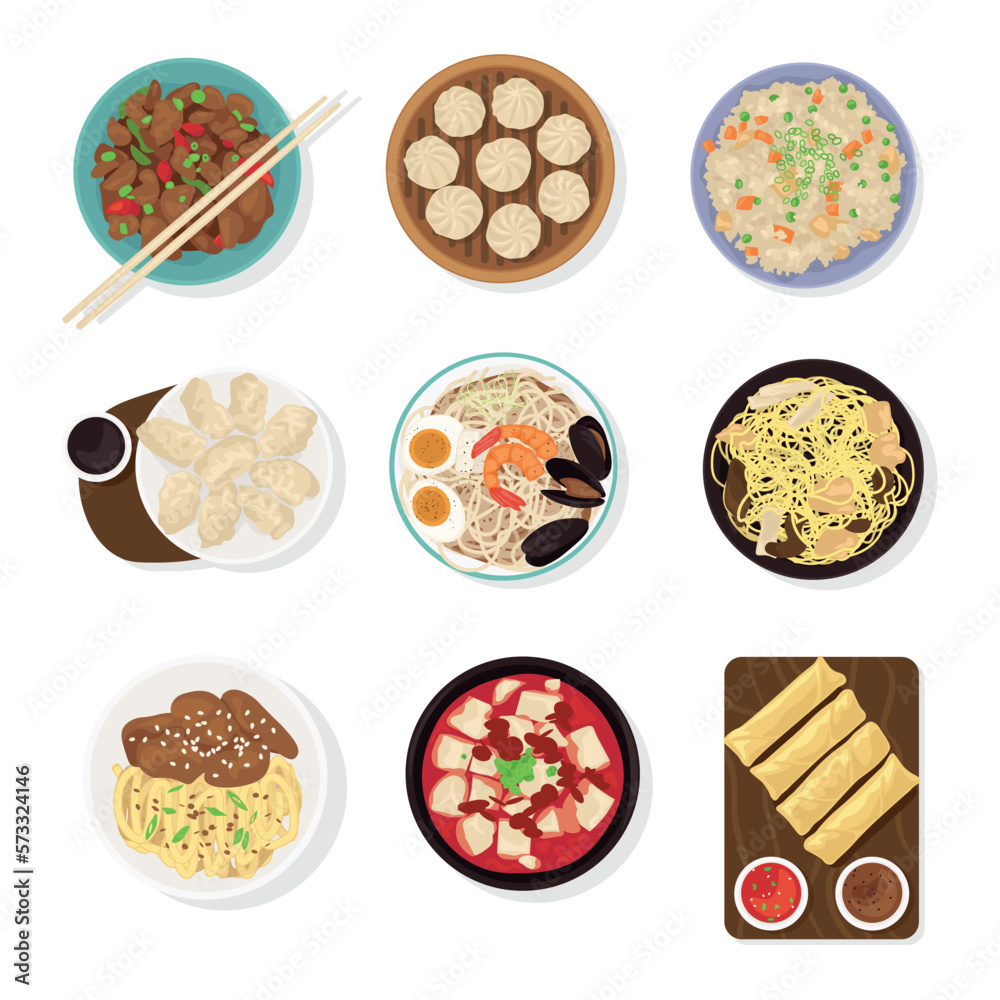 Set of traditional Chinese dishes on white background