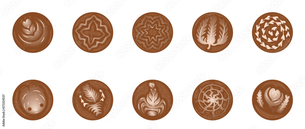 Set of beautiful latte art on white background