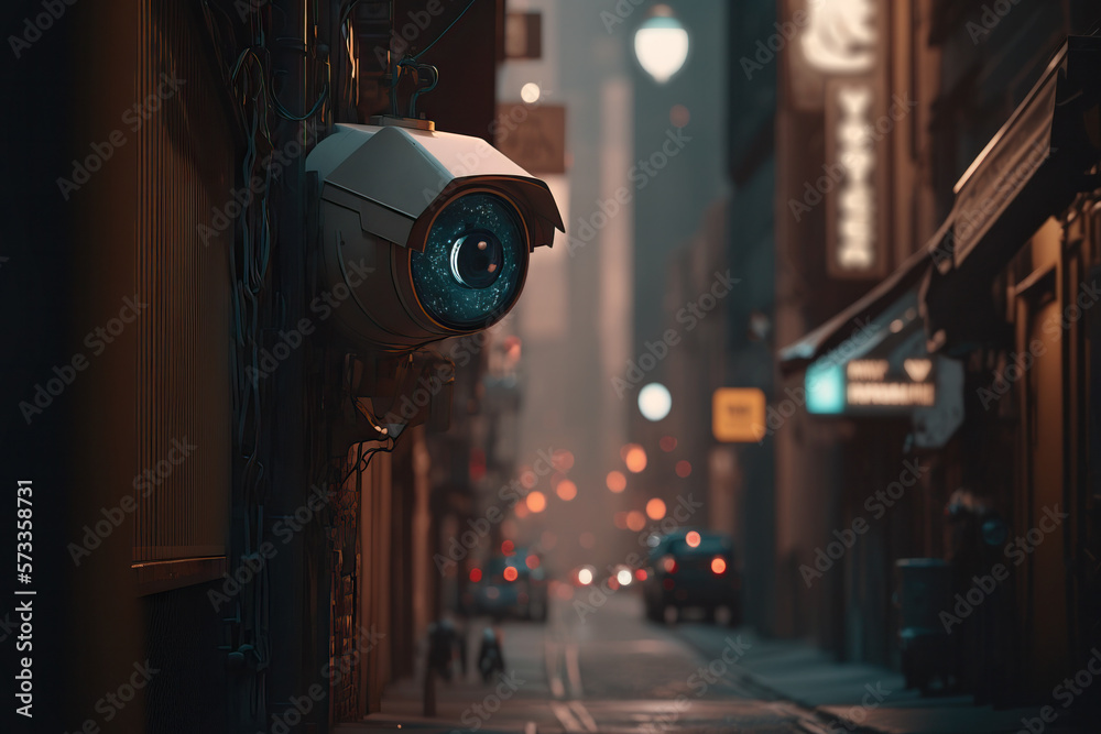 A surveillance camera surveilling a quiet and deserted alley. Generative AI illustration