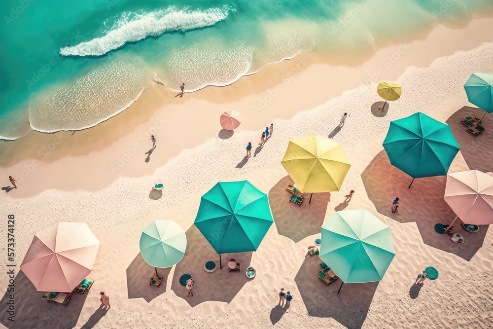 Illustration of a paradise sandy beach with colorful umbrellas. Generative AI. 