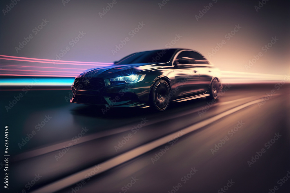 Sports car driving at fast speed on city road with motion blur effect . Sublime Generative AI image 