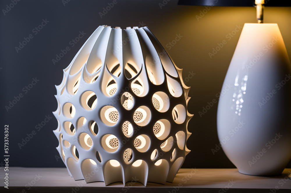 Lamp on bedside table at night prototype by 3D printing technology . Sublime Generative AI image .