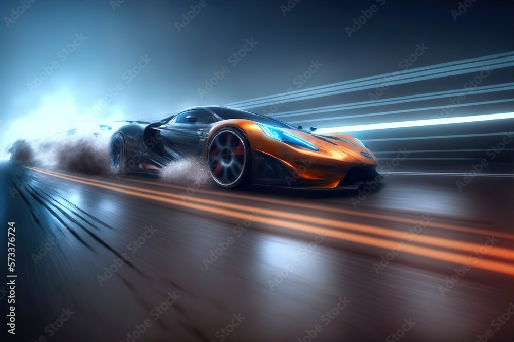 Speeding fast sports car drives on highway road with motion blur effects creating light trailing env