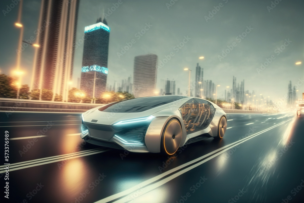 Fast electric car with luxury futuristic autonomous sensor software driving on road in downtown city