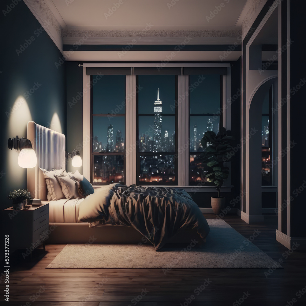 Interior of luxury penthouse bedroom at night. Peculiar AI generative image.