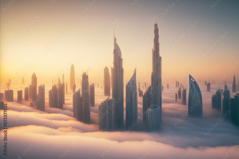 Top of skyscrapers building high above the clouds in the morning sunrise . Futuristic architecture o