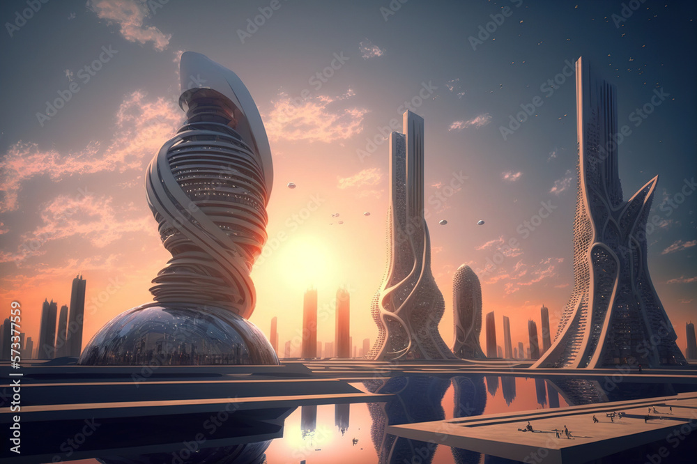 Skyline of futuristic city with fictional architecture in panoramic view . Megalopolis landscape wit