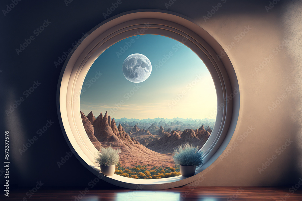 A room with round glass window overlooking beautiful landscape background . Hotel futuristic showroo