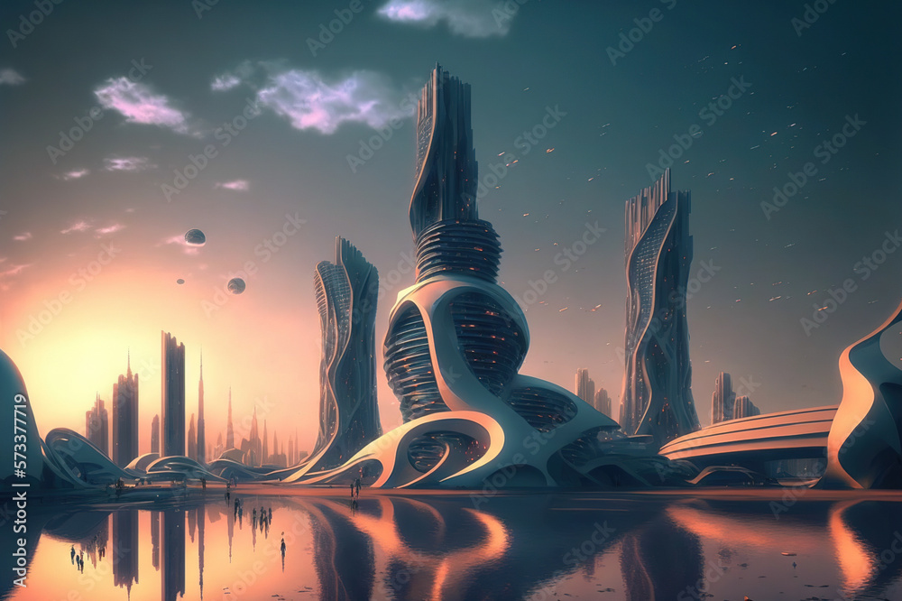 Skyline of futuristic city with fictional architecture in panoramic view . Megalopolis landscape wit