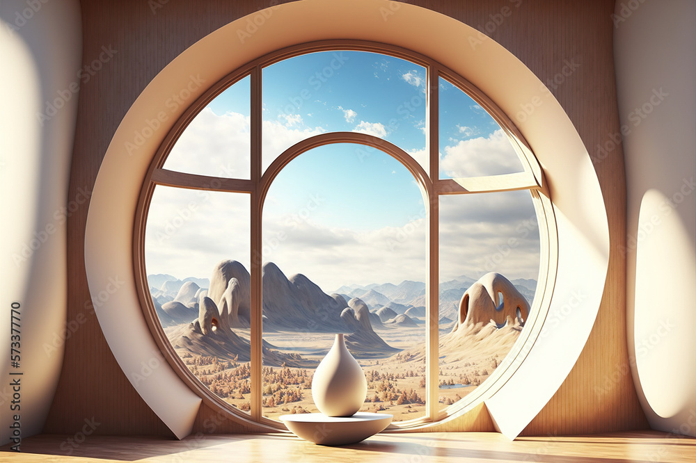 A room with round glass window overlooking beautiful landscape background . Hotel futuristic showroo