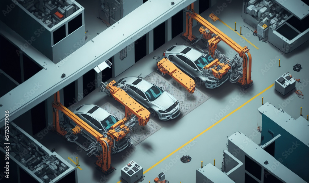 Top View Car Factory with Automated Robot Arm Assembly Line Manufacturing . Sublime Generative AI im