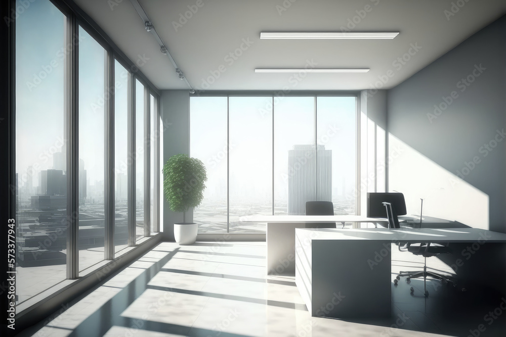 Empty modern office background in city center . Workspace interior design . Clean and bright office 