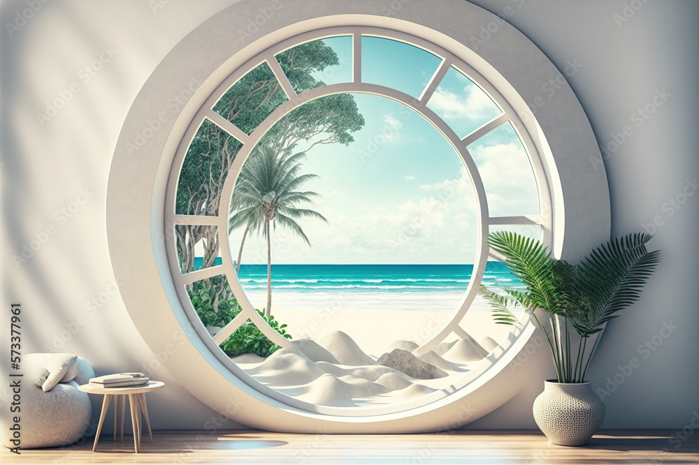 A room with round glass window overlooking beautiful landscape background . Hotel futuristic showroo