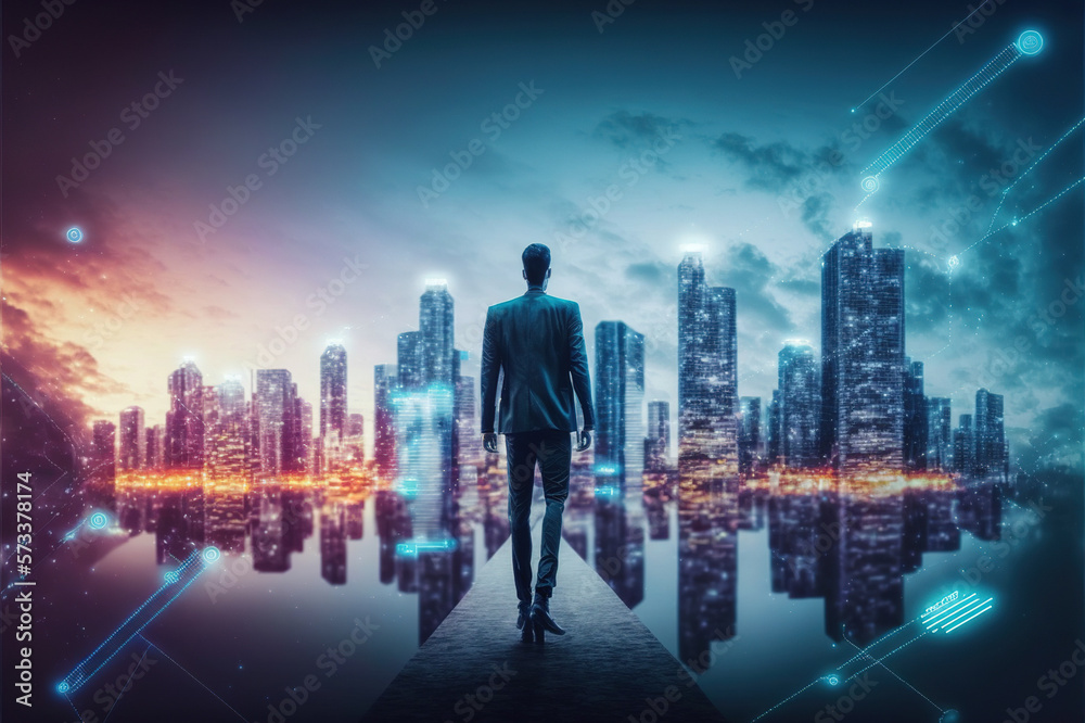 Businessman walking on virtual reality platform to futuristic smart city of opportunity with interne