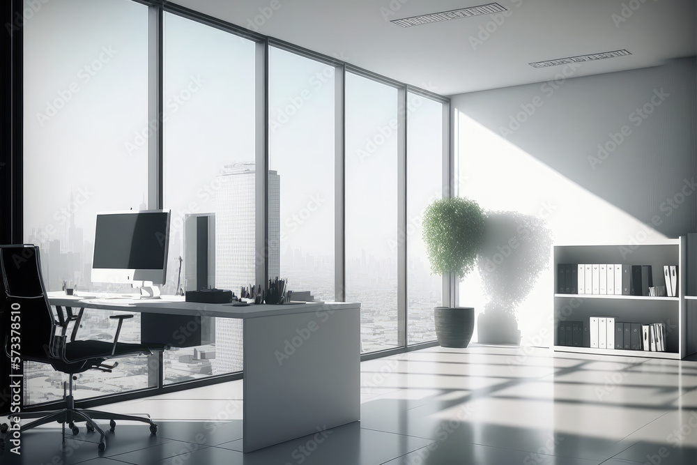 Empty modern office background in city center . Workspace interior design . Clean and bright office 