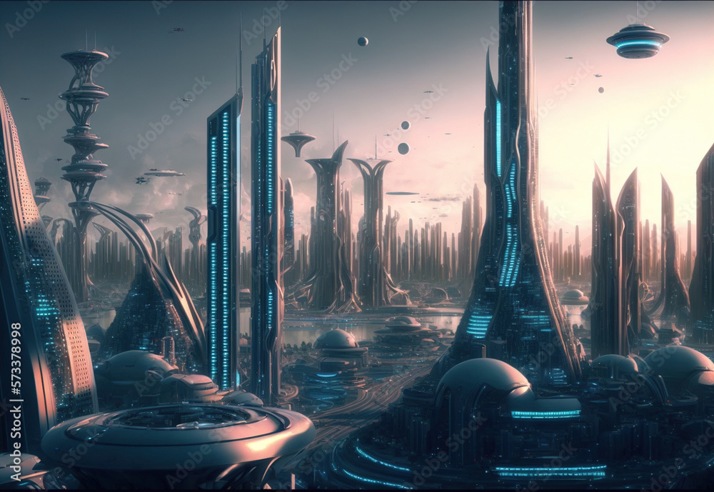 Skyline of futuristic city with fictional architecture in panoramic view . Megalopolis landscape wit