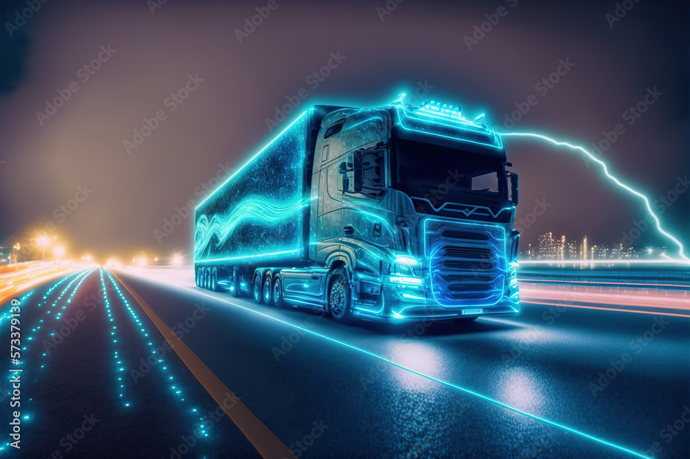 Self driving futuristic freight truck deliver goods to warehouse on city highway road with advanced 