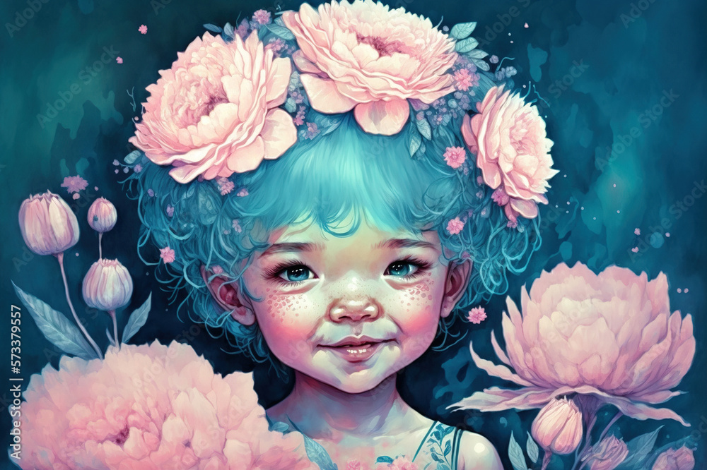 Watercolor art style image of little cut girl in pastel pink and blue colors . Sublime Generative AI