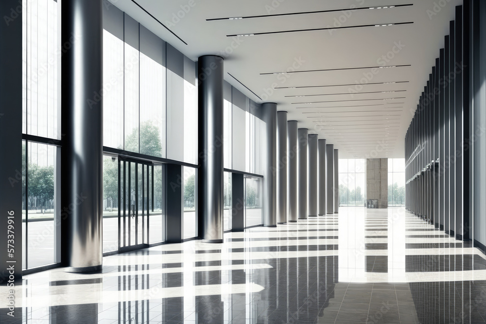 Empty entrance hall of modern public station or large convention center lobby . Contemporary beautif