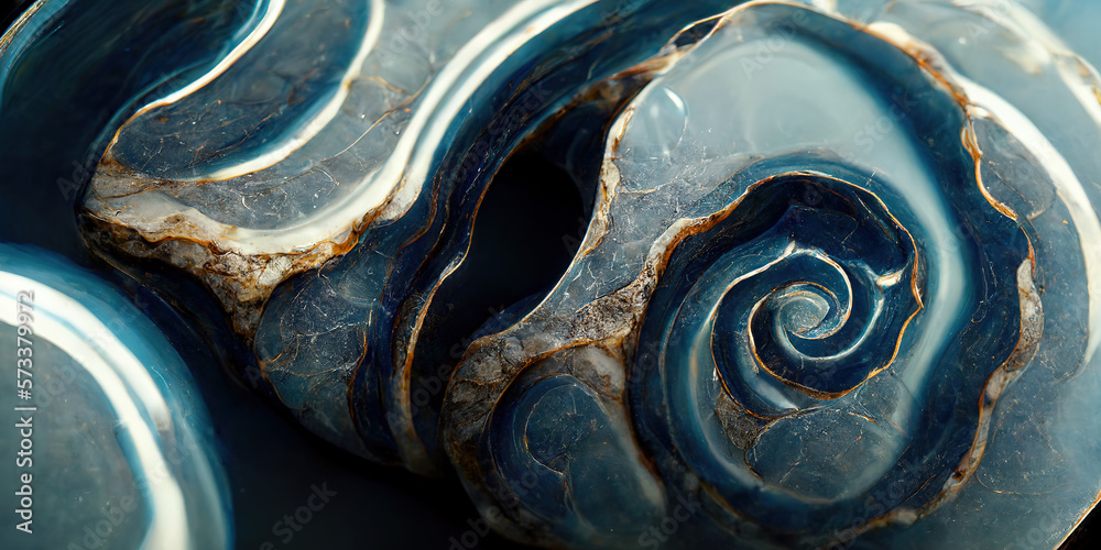 Sedate marco detailed luxurious ocean blue ripple pattern in agate form by alcohol ink. Swirled gold