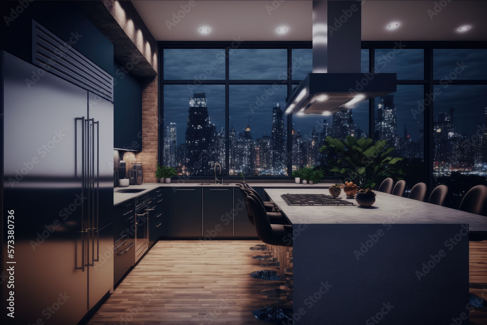 Luxury apartment kitchen at night . Luxury interior decoration design. Peculiar AI generative image.