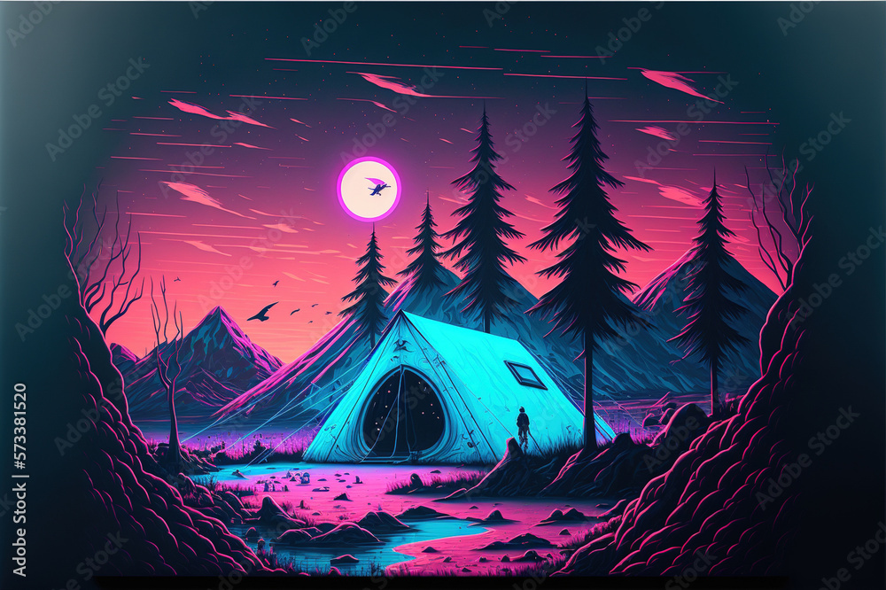 Camping tent illustrated in neon light vaporwave design . Sublime Generative AI image .