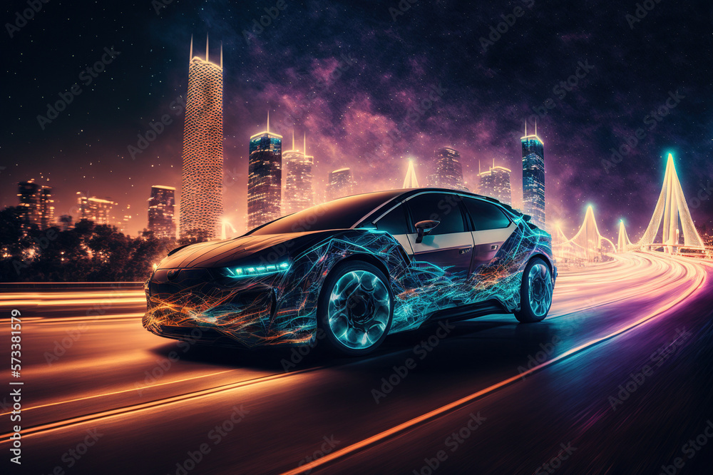 Racing sports car driving on urban city road with luxury digital technology . Sublime Generative AI 