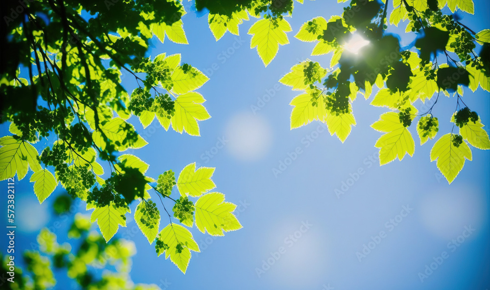 Green leaves under blue sky background in spring and summer garden . Sublime Generative AI image .