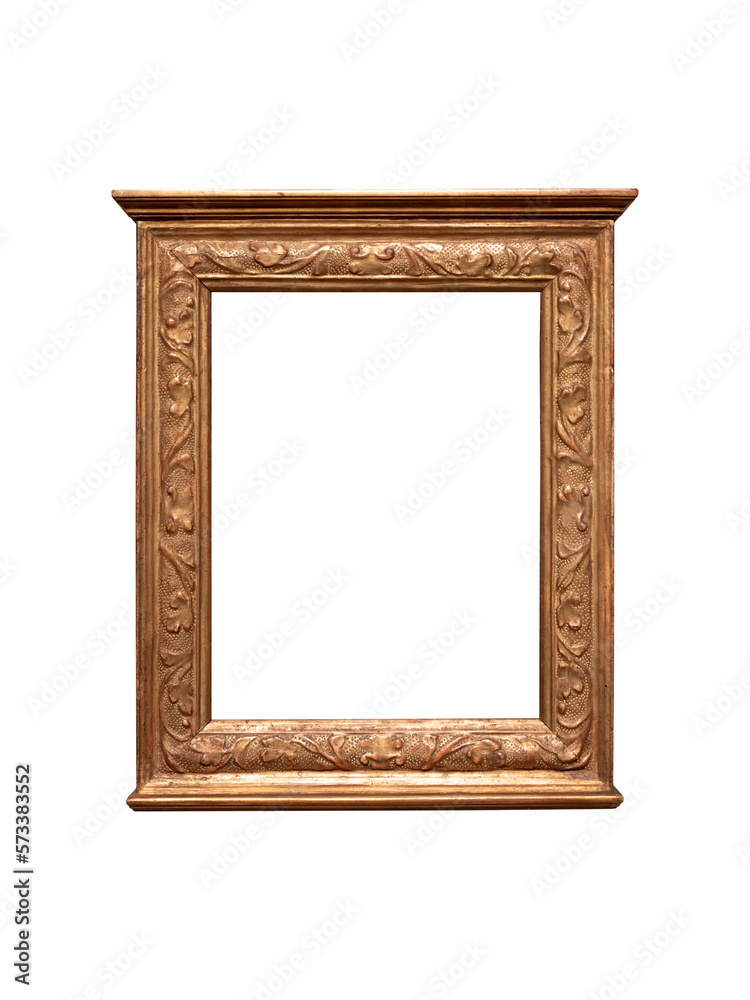 Vintage golden wood frame isolated on white background