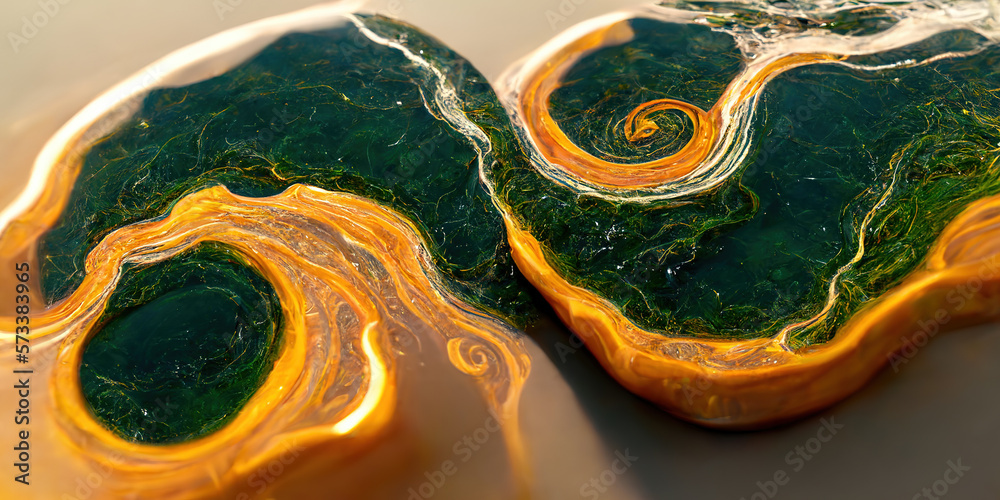 Sedate realistic marco detailed orange and teal alcohol ink ripples pattern in agate design. Closeup