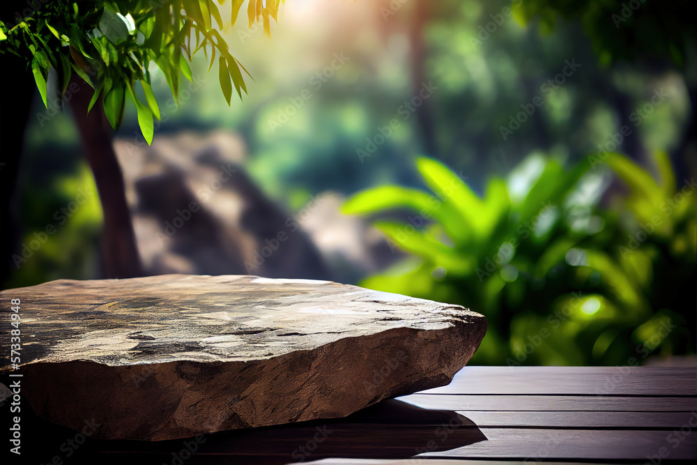 Empty stone table for product advertising display in fresh green jungle blur background . Admirable 