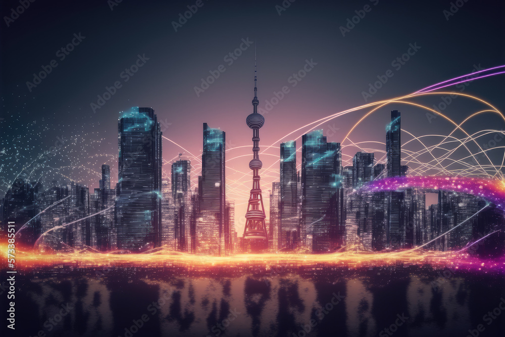 Smart city with communication network graphic connecting the city with wireless internet technology.