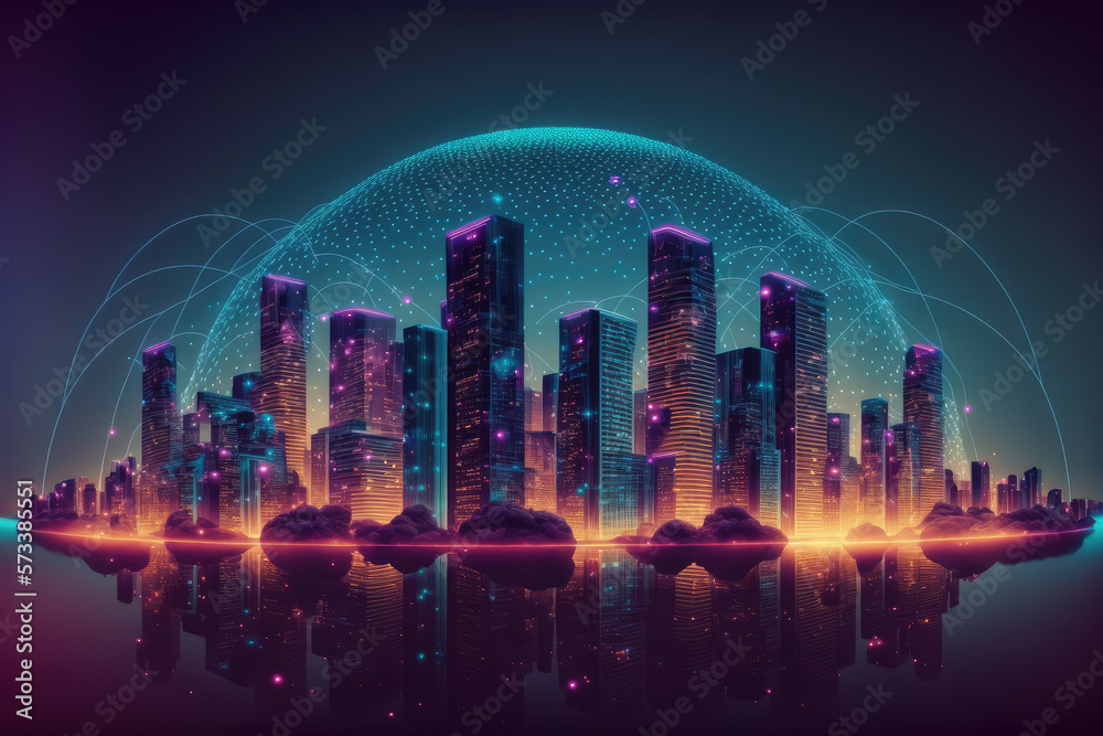 Futuristic smart city internet network connection through wireless system. Peculiar AI generative im