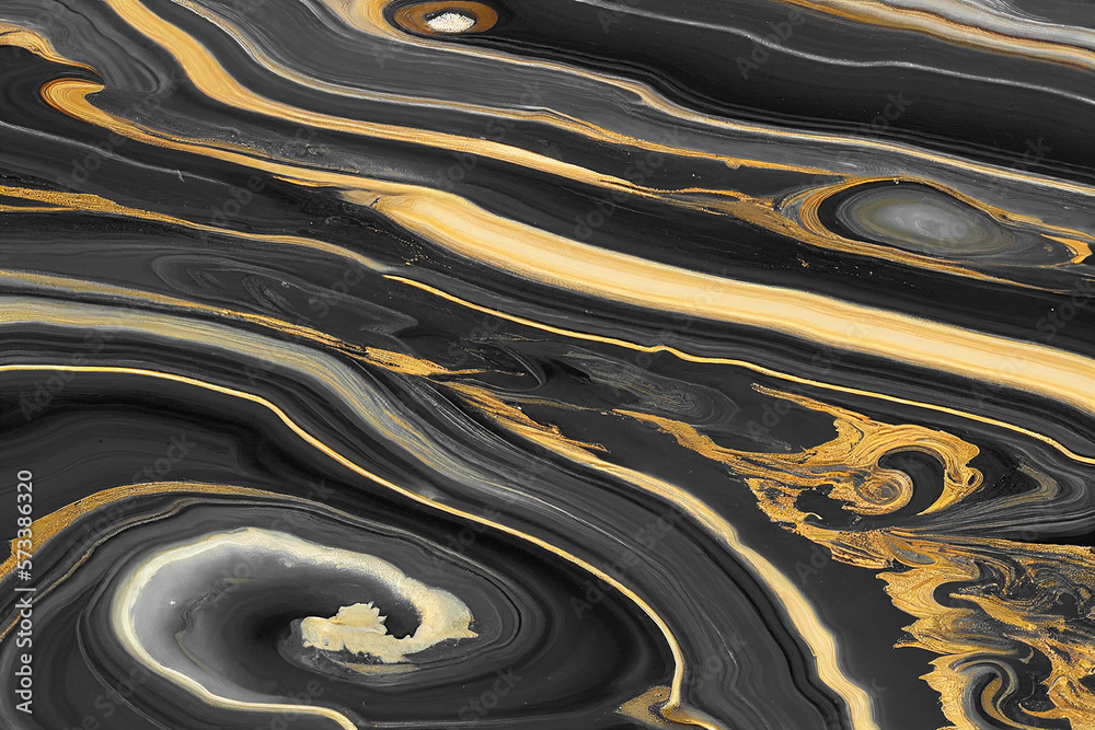 Abstract art background with a fluid marble black and gold texture. Splendid generative AI luxury ab