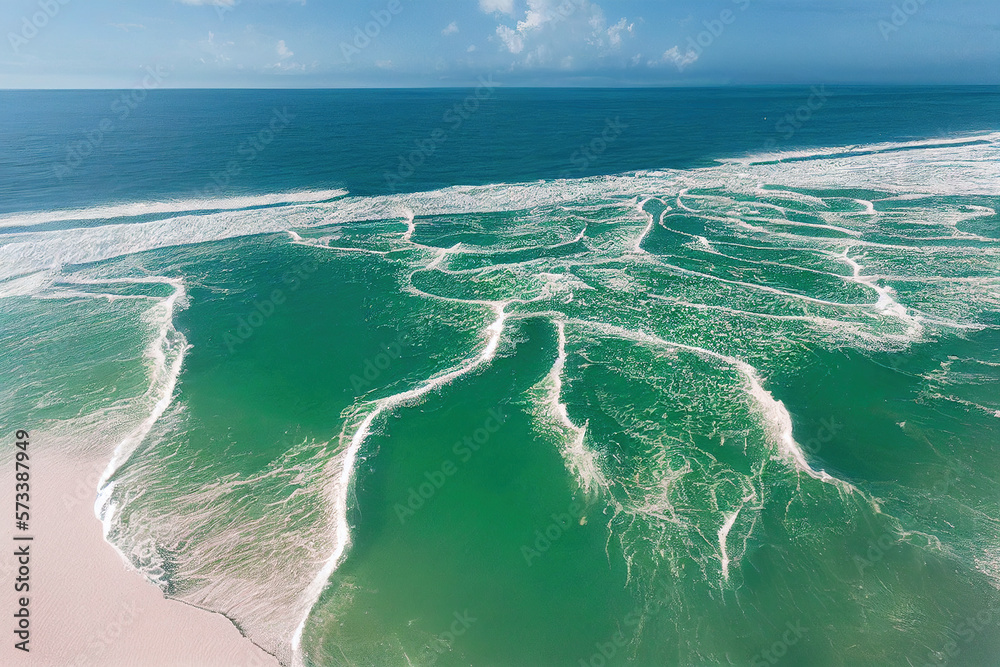 Spectacular top view from drone photo of beautiful beach with relaxing sunlight, sea water waves pou