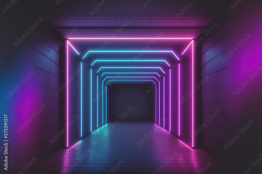 Neon light corridor tunnel with diminishing perspective view . Futuristic walking pathway. Peculiar 