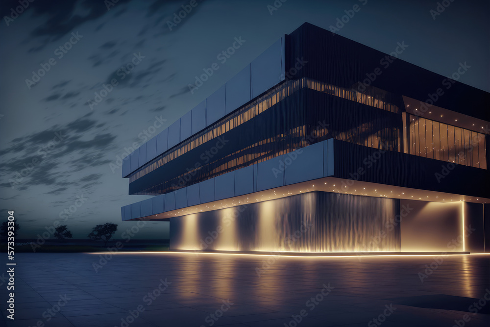 Office buildings and modern architecture at night. Peculiar AI generative image.