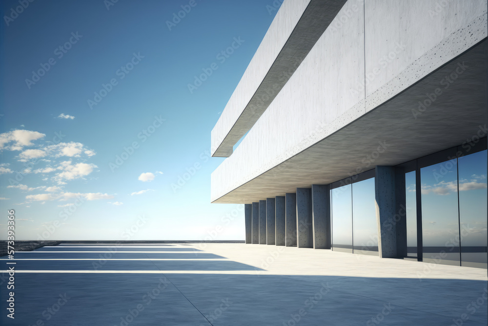 Modern architecture exterior of public hall entrance in urban building outdoor under bright sky with