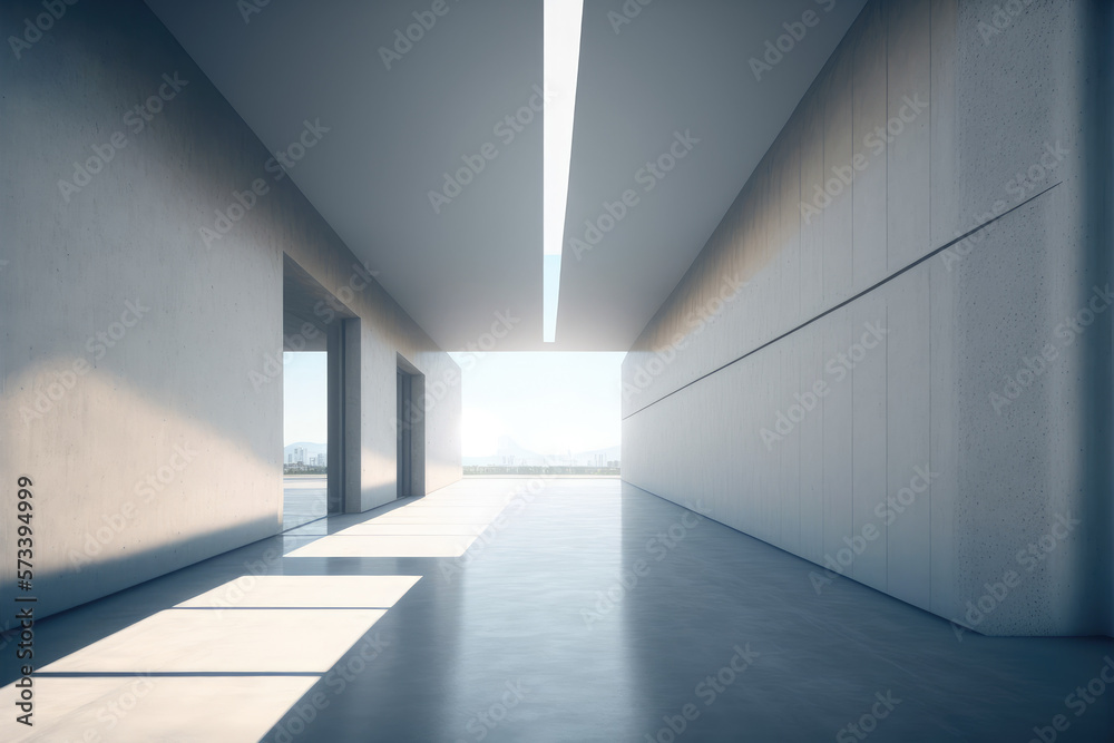 Modern architecture exterior of public hall entrance in urban building outdoor under bright sky with