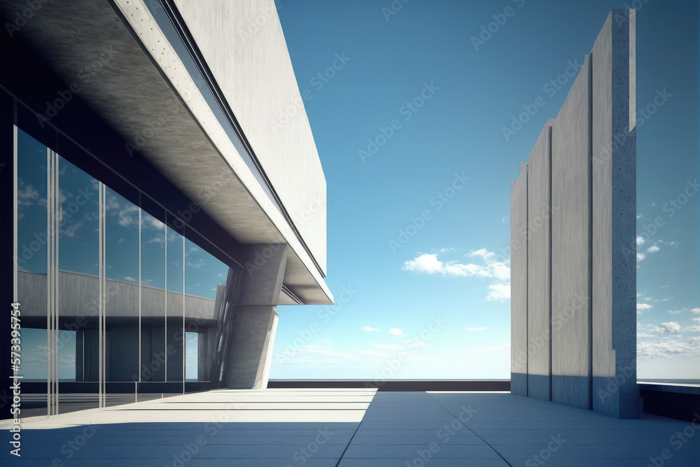 Modern architecture exterior of public hall entrance in urban building outdoor under bright sky with