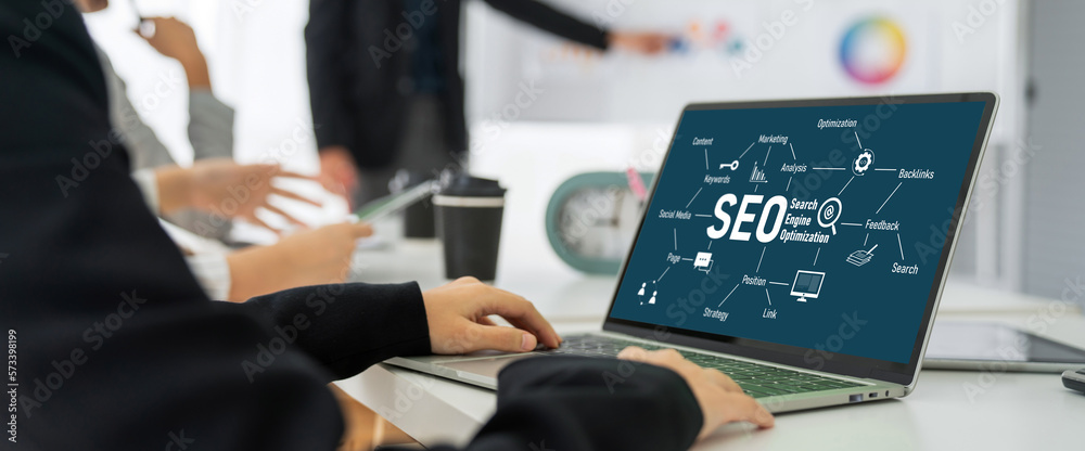 SEO search engine optimization for modish e-commerce and online retail business showing on computer 