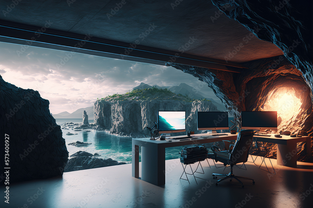 Imaginary home workspace in rocky cave with a large window overlooking ocean ridge landscape . Dream