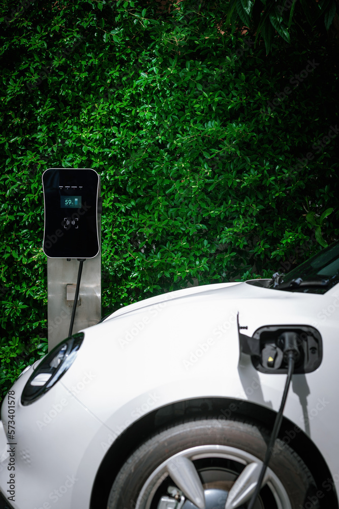 Side view of progressive electric vehicle parking next to public charging station with greenery, nat